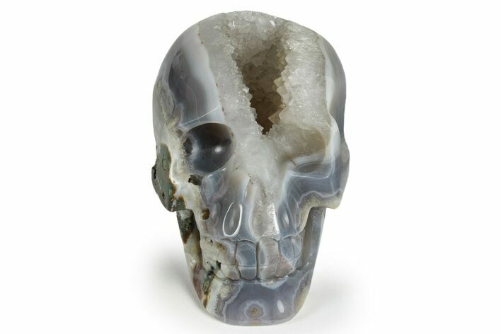 Polished Banded Agate Skull with Quartz Crystal Pocket #237026